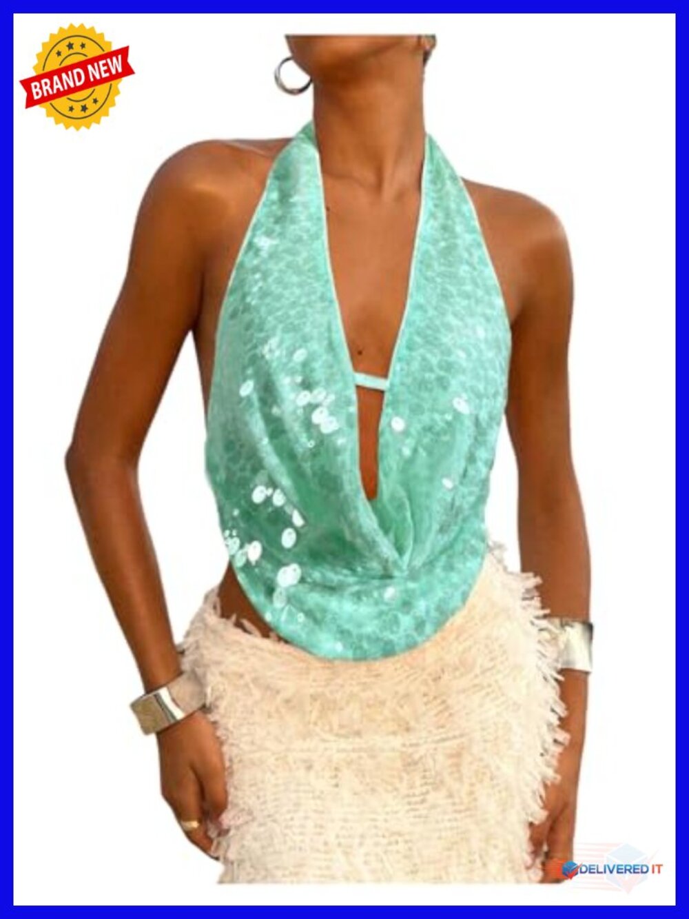 Sequin Glitter Halter Crop Tank Top Backless Deep Cowl Neck Going Out Vest